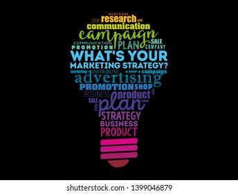 What's Your Marketing Strategy light bulb word cloud, business concept background