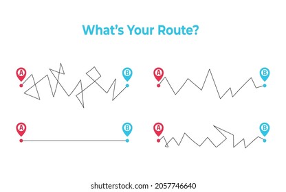 What's your route. Different paths and ways of the planning, straight and rough road from A to B and messy real life. Vector flat illustration isolated on white background.