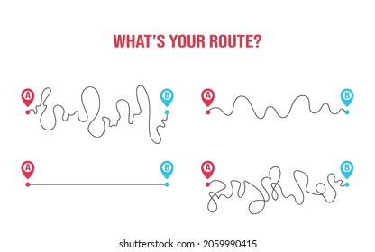 What's your route. Different paths and ways of the planning, straight and rough road from A to B and messy real life. Vector flat illustration isolated on white background.