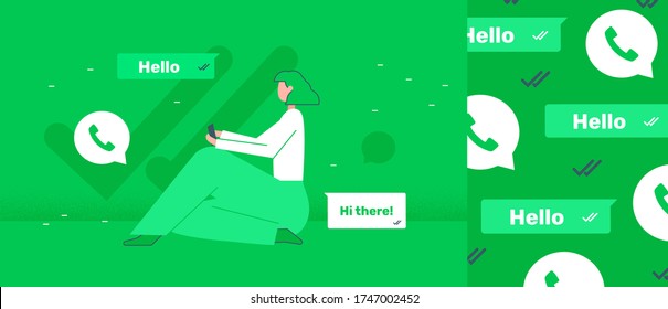 Whatsapp girl sitting and chat via messenger in green colors.  Speech bubbles and delivery and female holding phone. Pattern about social media with hello or hi. Isolated vector