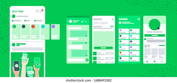 Whatsapp screen UI post delivery chat frame with stories vector mobile app mock up. Social network on mobile phone profile, dashbord,  feedback, news, history, friends, notifications, check mark. 