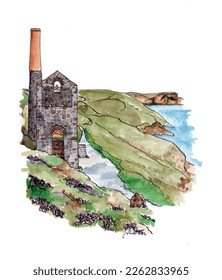 Wheal Coates Cornish tin mine watercolor sketch illustration. World heritage site, Cornwall, coast, chimney. Isolated vector.