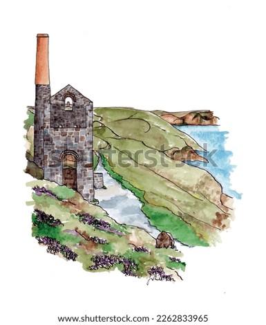 Wheal Coates Cornish tin mine watercolor sketch illustration. World heritage site, Cornwall, coast, chimney. Isolated vector.