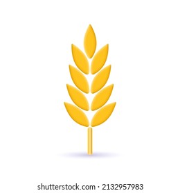 Wheat 3d icon. Grain, barley, cereal plant sign. Agriculture symbol. Vector illustration.