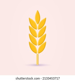 Wheat 3d icon. Grain, barley, cereal plant sign. Agriculture symbol. Vector illustration.