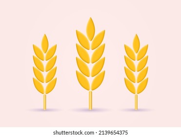 Wheat 3d icon. Grain, barley, cereal plant sign. Agriculture symbol. Vector illustration.