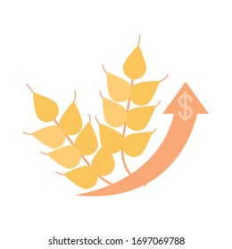 wheat agriculture product money up arrow, rising food prices, flat style icon vector illustration