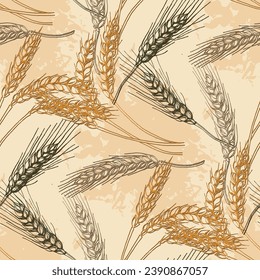 Wheat Agriculture Seamless Pattern. Wheat hand-drawn vector illustration for background of bread label design, bakery packaging. Homemade cooking banner. Cooking courses banner.