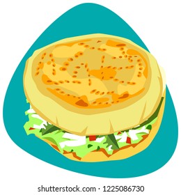 Wheat Arepa with shredded white chicken meat tossed with avocado, mayonnaise, garlic, onion, bell pepper, jalapeno and cilantro on blue background