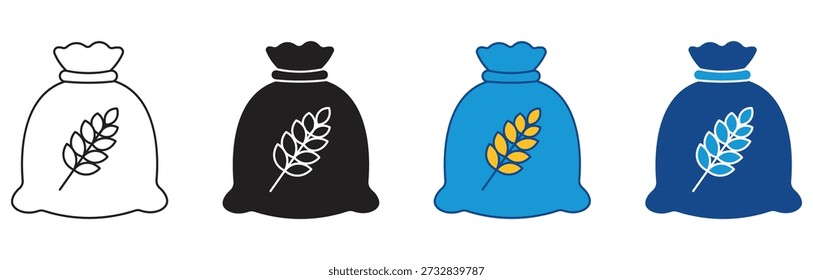 Wheat bag icon set. Sack of flour wheat grain bag icon symbol. Vector Illustration.