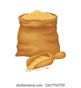 Wheat. Wheat in a bag. A large bag of wheat grains and a wooden scoop. Seed. Vector illustration isolated on a white background