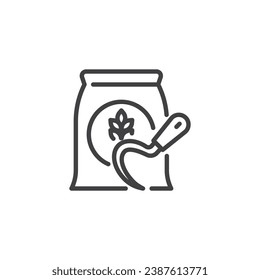 Wheat bag and sickle line icon. linear style sign for mobile concept and web design. Wheat harvesting outline vector icon. Symbol, logo illustration. Vector graphics