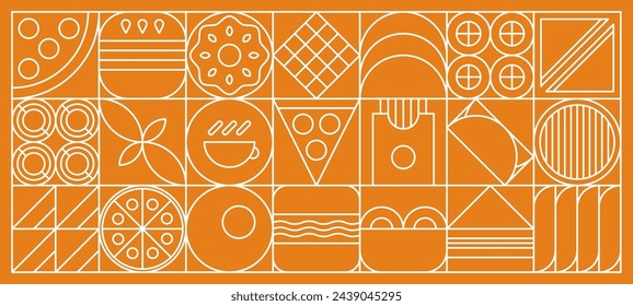 Wheat and bakery bread in abstract modern line geometric pattern, vector background. Bakery mosaic tile or linear pattern of pastry cake, bread, pizza and bun with flour or cookie biscuits and waffle