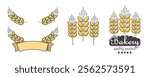 Wheat bakery logo icon vector line stroke graphic illustration elements set, organic oat farm bread logotype sign symbol ribbon, oat spike wreath border label badge, grain cereal malt image clip art