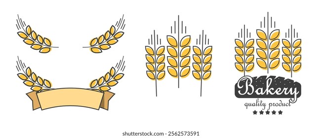 Wheat bakery logo icon vector line stroke graphic illustration elements set, organic oat farm bread logotype sign symbol ribbon, oat spike wreath border label badge, grain cereal malt image clip art