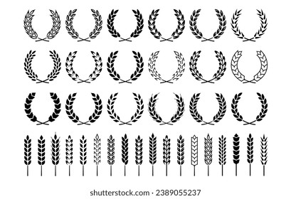 Wheat and barley ears. Harvest wheat bread grain icons, ripe growth rice and oats stalk, rye grains ear silhouettes isolated cereals product vector set. Wreath, natural plant, autumn season