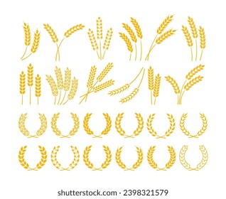 Wheat and barley ears. Wheat wreaths with ripe yellow grains, rice and oats stalk, rye grains ear silhouettes. Cereals organic food, beer and bread vector logo. Growing golden plants isolated set