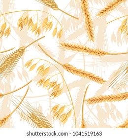 Wheat, barley, oat and rye seamless pattern. Four cereals spikelets with ears. isolated. 3d icon vector. For design, cooking,