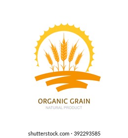 Wheat, barley, or rye ears, field and sun. Vector logo, label, package design elements. Concept for agriculture, organic cereal products, harvesting grain and farming. Healthy food symbol.
