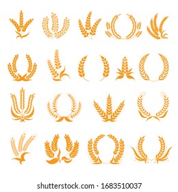 Wheat or barley spikelets, cereal spikes as heraldic logo, rye and millet isolated icons vector. Field plant, heraldry element or emblem part, flour ingredient. Bread production logo, organic product