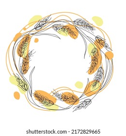 Wheat or barley wreath with color spots, line art vector illustration, round label isolated on white background. rye spikelets of wheat ears circle frame.banner, flyer template.bakery packaging design