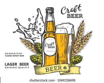 Wheat beer ads, beer bottle and glass with beer and ribbon. Vintage vector engraving illustration for web, poster, invitation to party. Hand drawn design element isolated on white background.