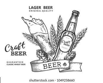 Wheat beer ads, beer bottle and glass with beer and ribbon. Vintage vector engraving illustration for web, poster, invitation to party. Hand drawn design element isolated on white background.