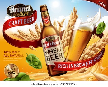 Wheat beer ads, bottle and glass with splashing beer and ingredients in the air, 3d illustration