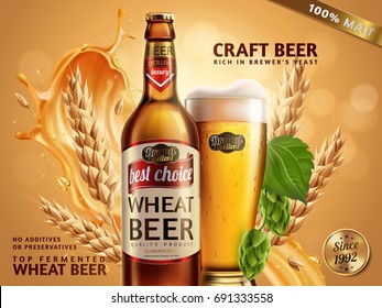 Wheat beer ads, beer bottle and glass with attractive beer and ingredients behind them, 3d illustration on glitter bokeh background