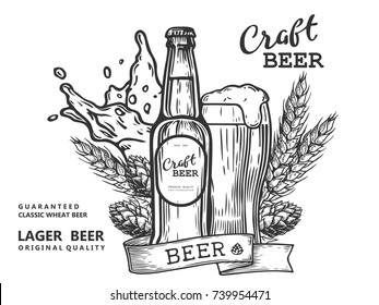 Wheat beer ads, beer bottle and glass with beer and ribbon. Vintage vector engraving illustration for web, poster, invitation to party. Hand drawn design element isolated on white background.