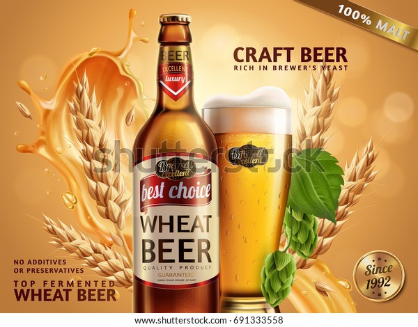 Wheat beer ads, beer bottle and glass with\
attractive beer and ingredients behind them, 3d illustration on\
glitter bokeh background