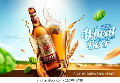 Anuncios de cerveza de trigo con ingredientes voladores y líquido en el fondo del campo de trigo dorado en 3d ilustración