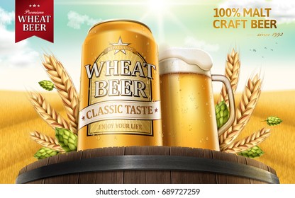 Wheat beer ads with hops on top of oak barrels, 3d illustration with peaceful wheat field background