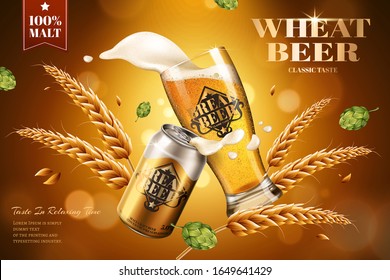 Wheat beer ads with ingredients on bokeh background in 3d illustration