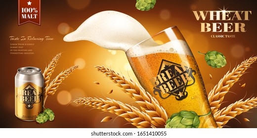 Wheat beer ads with ingredients on bokeh background in 3d illustration