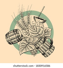 Wheat beer ads with ingredients on background. Vintage beer brand concept on backgrounds with wheats and hops. Engraving illustration. Woodcut style. Oktober fest