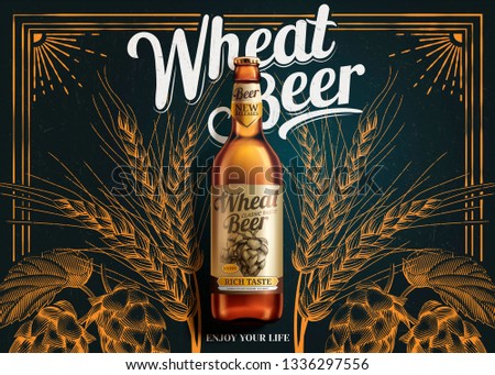 Wheat beer ads laying on blackboard background with engraved hops, 3d illustration