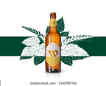 Wheat beer ads, realistic vector beer bottle with attractive beer and ingredients on background. Bottle beer brand concept on backgrounds with wheats and hops 