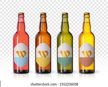 Wheat beer ads, realistic vector beer bottle with attractive beer and ingredients on background. Bottle beer brand concept on backgrounds with wheats and hops. Set of bottles