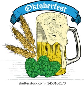 Wheat beer ads, beer and ribbon. Vintage vector engraving illustration for poster, invitation to party. Hand drawn design element isolated on white background