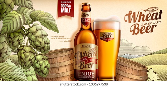 Wheat beer ads with woodcut style barrel and hops elements, 3d illustration glass bottle