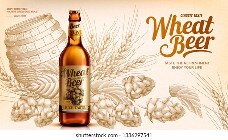 Wheat Beer Ads With Woodcut Style Hops And Barrel Elements In 3d Illustration, Beige Tone