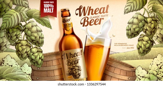 Wheat Beer Ads With Woodcut Style Barrel And Hops Elements, 3d Illustration Glass Bottle