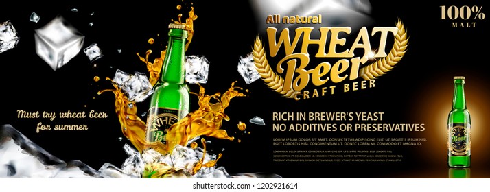 Wheat beer banner ads with flying ice cubes and liquid in 3d illustration, dark black background