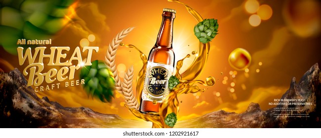 Wheat Beer Banner Ads With Flying Hops And Liquid In 3d Illustration, Golden Tone Background With Mountain