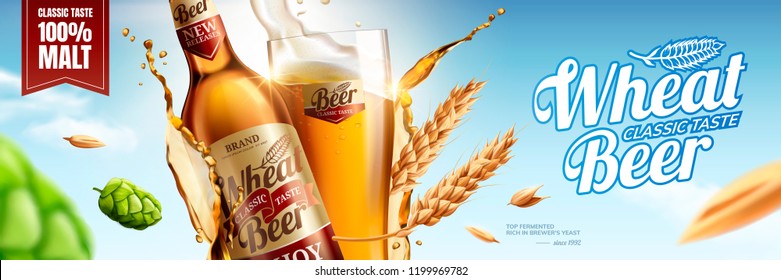 Wheat beer banner ads with hops and malt ingredients in 3d illustration on blue sky background