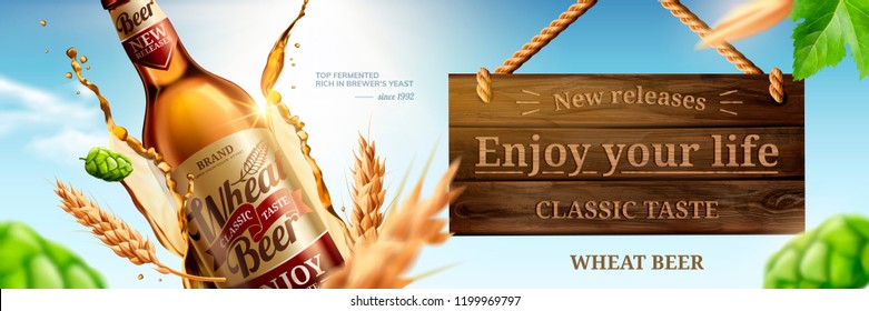 Wheat beer banner ads with hops and malt ingredients in 3d illustration on blue sky background