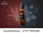 Wheat beer bottle in 3d illustration over malt and hops engraving design on brown and grey background