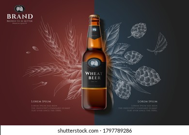 Wheat beer bottle in 3d illustration over malt and hops engraving design on brown and grey background