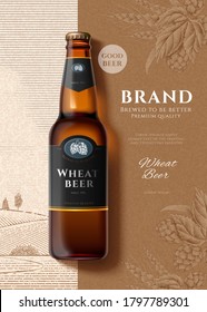 Wheat beer bottle in 3d illustration over engraved design background